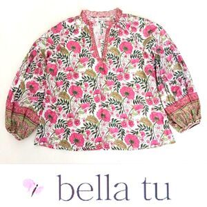 bella tu Pink Green Floral Block Print Boho Top Beaded V Neck Full Sleeves Sz M